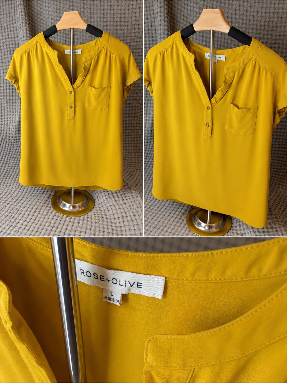 Rose & Olive Mustard Ruffle Trim Short Sleeve Henley Top